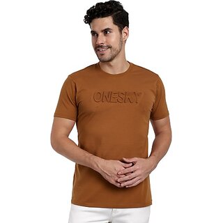                       One Sky Typography Men Round Neck Brown T-Shirt                                              