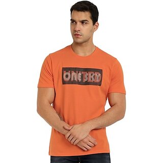                       One Sky Typography Men Round Neck Orange T-Shirt                                              