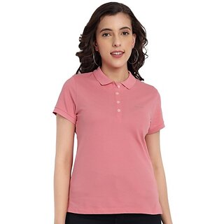                       One Sky Solid Women Polo Neck Pink T-Shirt                                              