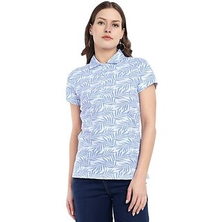                       One Sky Printed Women Polo Neck Blue, White T-Shirt                                              