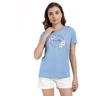                       One Sky Printed Women Round Neck Blue T-Shirt                                              