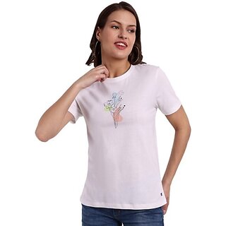                       One Sky Printed Women Round Neck White T-Shirt                                              