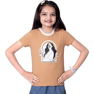                       One Sky Girls Printed Cotton Blend T Shirt (Beige, Pack Of 1)                                              