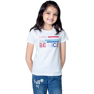                       One Sky Girls Typography Cotton Blend T Shirt (White, Pack Of 1)                                              