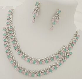 Premium Quality Pink Mint Green AAA CZ Stones Beautiful 2 Line Jewellery Set