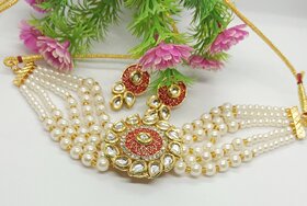 Red Meena Pendant with Real Dibbi Kundan Pearls Choker Jewellery Set