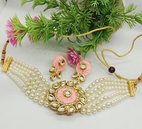 Pink Meena Pendant with Real Dibbi Kundan Pearls Choker Jewellery Set