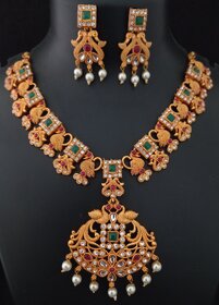 Matt Finish Laxmi Royal Peacock Design Pink Green CZ Beautiful Jewellery Set