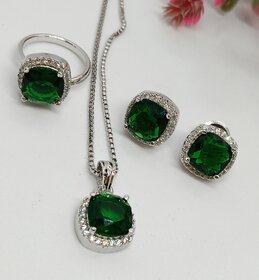 Premium Quality AAA CZ Emerald Green Stones Pendant Stuyds Earrings Adjustable ring with Chain Set