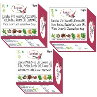                       Kozian enriched with Neem Oil Coconut Oil Castor Oil Tulsi Oil Pudina  Wheat germ oil Cleanser base Soap 75gmX3                                              