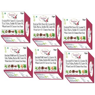                       Kozian enriched with Neem Oil Coconut Oil Castor Oil Tulsi Oil Pudina Wheat germ oil Cleanser base Soap 75gmX6                                              