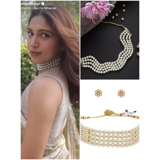                      Real Glass Pearls Full Length Bhumi Pednekar Insipired Choker Jewellery Set                                              