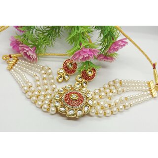                      Red Meena Pendant with Real Dibbi Kundan Pearls Choker Jewellery Set                                              