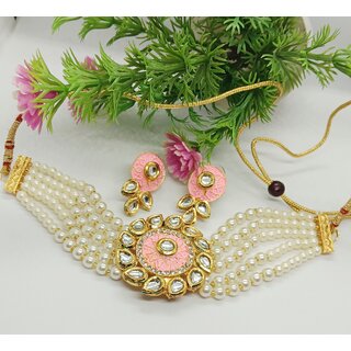                       Pink Meena Pendant with Real Dibbi Kundan Pearls Choker Jewellery Set                                              