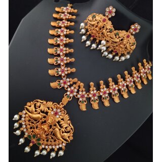                       Matt Finish Laxmi Goddess Design Pink Green CZ Beautiful Jewellery Set                                              