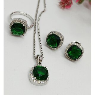                       Premium Quality AAA CZ Emerald Green Stones Pendant Stuyds Earrings Adjustable ring with Chain Set                                              