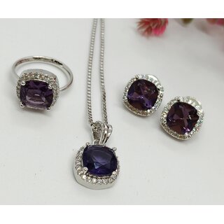Premium Quality AAA CZ Amethyst Stones Pendant Stuyds Earrings Adjustable ring with Chain Set Premium Quality AAA CZ Amethyst Stones Pendant Stuyds Earrings Adjustable ring with Chain Set