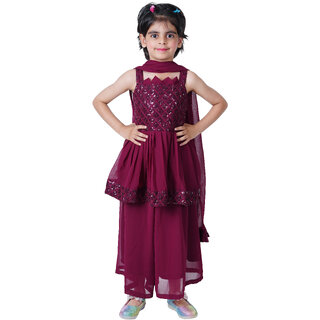                       Kurta, Sharara  Dupatta Set for girl kids (maroon)                                              