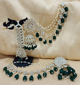 Pachi Kundan Precious Green Pearls Jhumka Earrings with Kaan Chain Tikkka Set