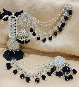 Pachi Kundan Precious Black Pearls Jhumka Earrings with Kaan Chain Tikkka Set