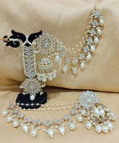 Pachi Kundan Precious Cream Pearls Jhumka Earrings with Kaan Chain Tikkka Set