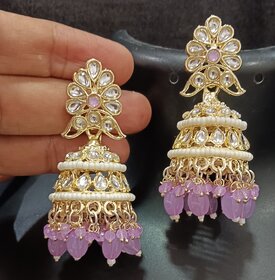 Pearl Bandhai Purple CZ Monalisa Stones Jhumki Earrings Set