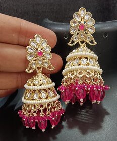 Pearl Bandhai Raani Pink CZ Monalisa Stones Jhumki Earrings Set