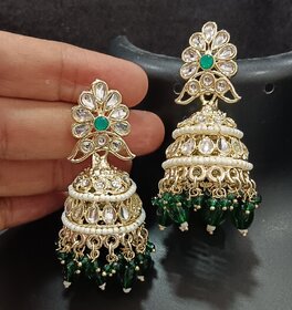 Pearl Bandhai Green CZ Monalisa Stones Jhumki Earrings Set