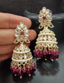 Pearl Bandhai Wine CZ Monalisa Stones Jhumki Earrings Set