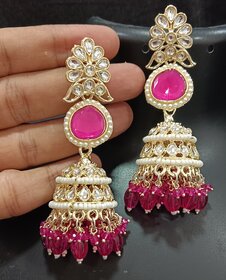 Ruby Pink CZ Monalisa Stones with Precious Pearls Long Jhumki Earrings Set