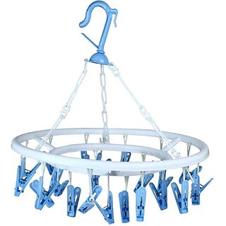Plastic Wall Cloth Dryer Stand Plastic Cloth Drying Stand Hanger With 21 Clips/Pegs, Cloth Clips Plastic Hanger (1 Tier)
