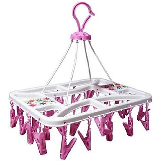                       Plastic Wall Cloth Dryer Stand Plastic Cloth Drying Stand Hanger With 32 Clips/Pegs, Cloth Clips Plastic Hanger (1 Tier)                                              