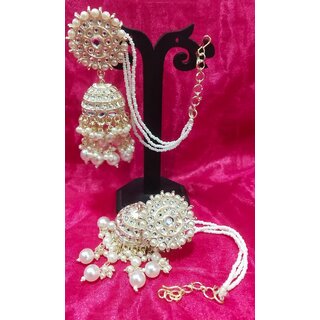                       Pachi Kundan Precious Pearls Jhumka Earrings with Kaan Chain Set                                              