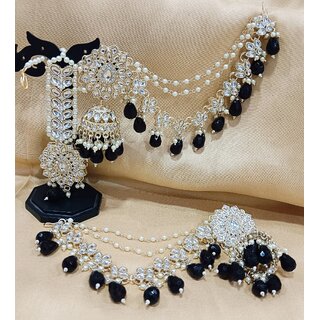                       Pachi Kundan Precious Black Pearls Jhumka Earrings with Kaan Chain Tikkka Set                                              