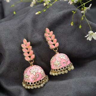                       Designer Pink Leaf Style Meenakari Jhumki Earrings Set                                              