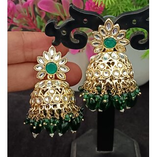                       Green CZ Monalisa Stones with Precious Pearls Jhumki Earrings Set                                              