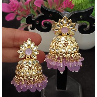                       Purple CZ Monalisa Stones with Precious Pearls Jhumki Earrings Set                                              