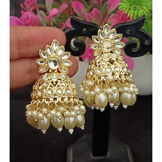                       White CZ Monalisa Stones with Precious Pearls Jhumki Earrings Set                                              