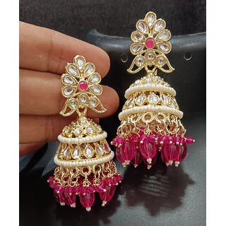                       Pearl Bandhai Raani Pink CZ Monalisa Stones Jhumki Earrings Set                                              