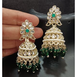                       Pearl Bandhai Green CZ Monalisa Stones Jhumki Earrings Set                                              