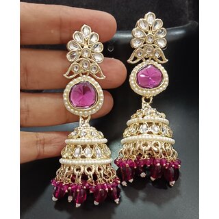                       Wine CZ Monalisa Stones with Precious Pearls Long Jhumki Earrings Set                                              