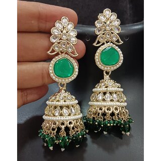                       Green CZ Monalisa Stones with Precious Pearls Long Jhumki Earrings Set                                              