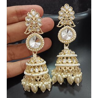                      White CZ Monalisa Stones with Precious Pearls Long Jhumki Earrings Set                                              