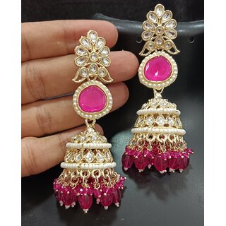 Ruby Pink CZ Monalisa Stones with Precious Pearls Long Jhumki Earrings Set Ruby Pink CZ Monalisa Stones with Precious Pearls Long Jhumki Earrings Set