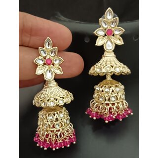                       Double Jhumki Style Indian Bollywood Earrings Ruby Pink                                              