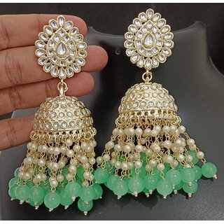                       Mint Green Pearls Kundan Laheriya Jhumka Earrings Set                                              