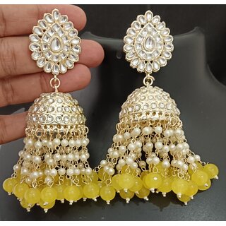                       Yellow Pearls Kundan Laheriya Jhumka Earrings Set                                              