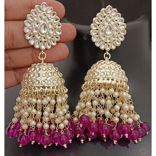                       Purple Pearls Kundan Laheriya Jhumka Earrings Set                                              