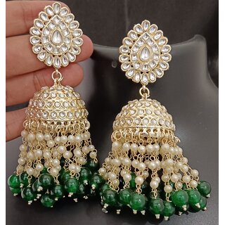                       Green Pearls Kundan Laheriya Jhumka Earrings Set                                              