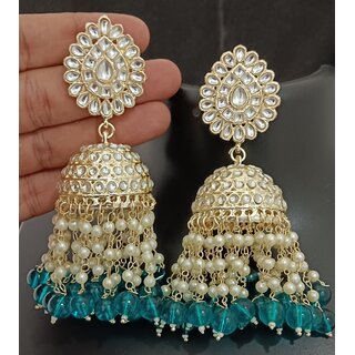                       Peaccock Blue Pearls Kundan Laheriya Jhumka Earrings Set                                              
